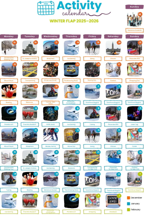 2025年2026年 カナダ・モントリオール ジュニア留学アクティビティ予定表