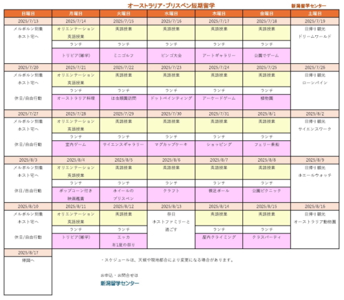 ジュニアサマー　ブリスベン留学スケジュール