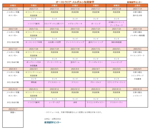 ジュニアサマー　メルボルン留学スケジュール